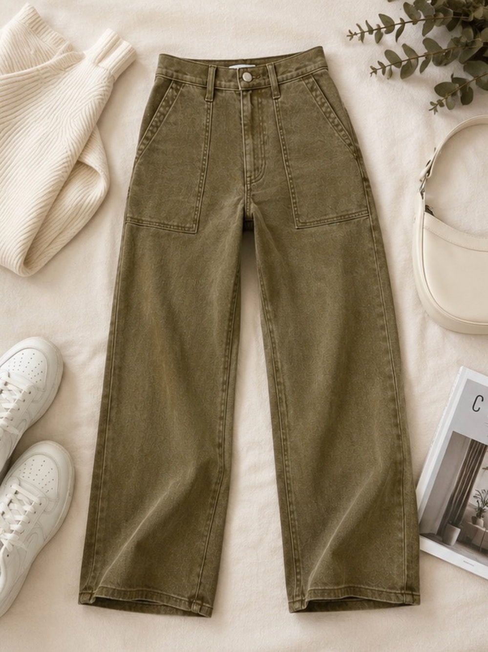 Time and Tru Olive Green High-Rise Wide-Leg Jeans